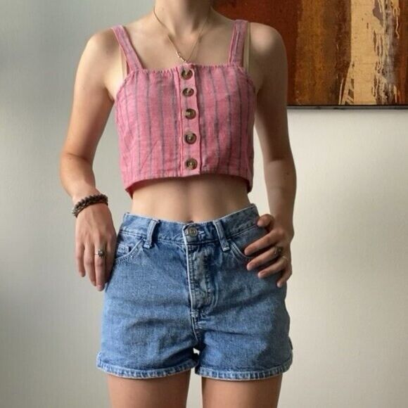 American Eagle‎ Pink Striped Crop Faux Button Tank Top Sz. Medium - Picture 1 of 8